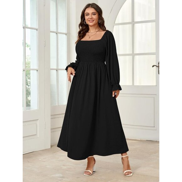 Plus Size Maxi Dress Long Sleeve Square Neck Smocked Boho Wedding Party - Picture 6 of 7